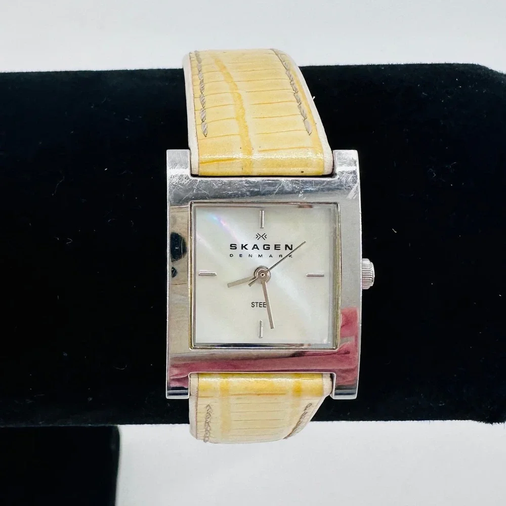 Skagen Denmark Tank Watch Womens Silver Mother of Pearl Yellow Croc Leather